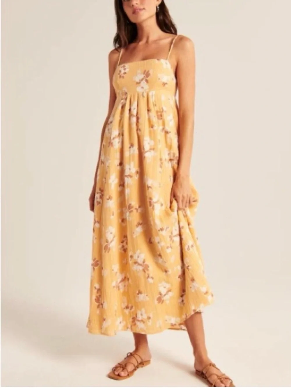 Abercrombie and Fitch butter yellow floral 100% cotton babydoll maxi gauzy dress